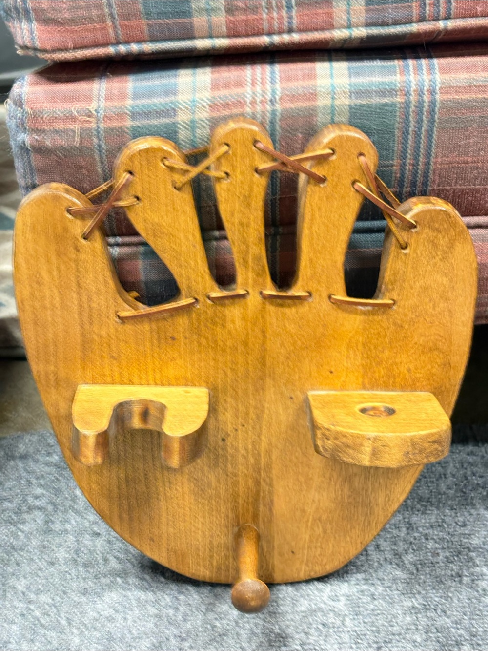 Hand Crafted Wooden Glove-Shaped Wall Shelf in Natural Brown Holds Bat and Ball